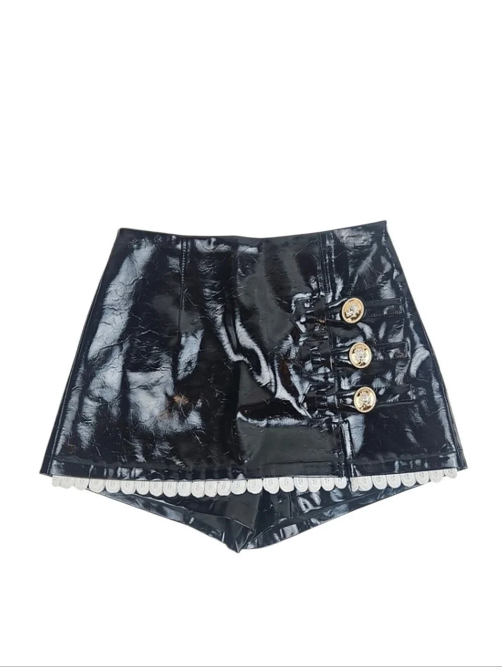 Black Patent Faux Leather Mini Skort Shorts Gold Buttons Grunge Punk Whimsigoth